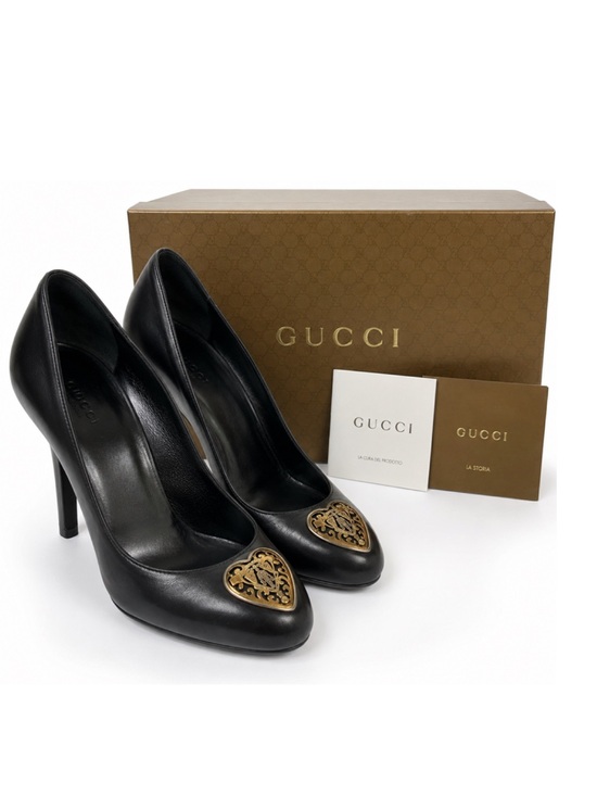 Gucci Shoes - Vintage Gucci Babouska Heart Crest Black Leather Pumps Heels Italy Sz 39 Women’s